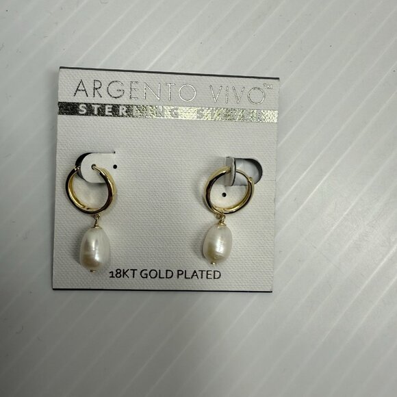 ARGENTO VIVO Freshwater Faux Pearl Drop Hoop Earrings 18K Gold Plated Sterling - Picture 2 of 5